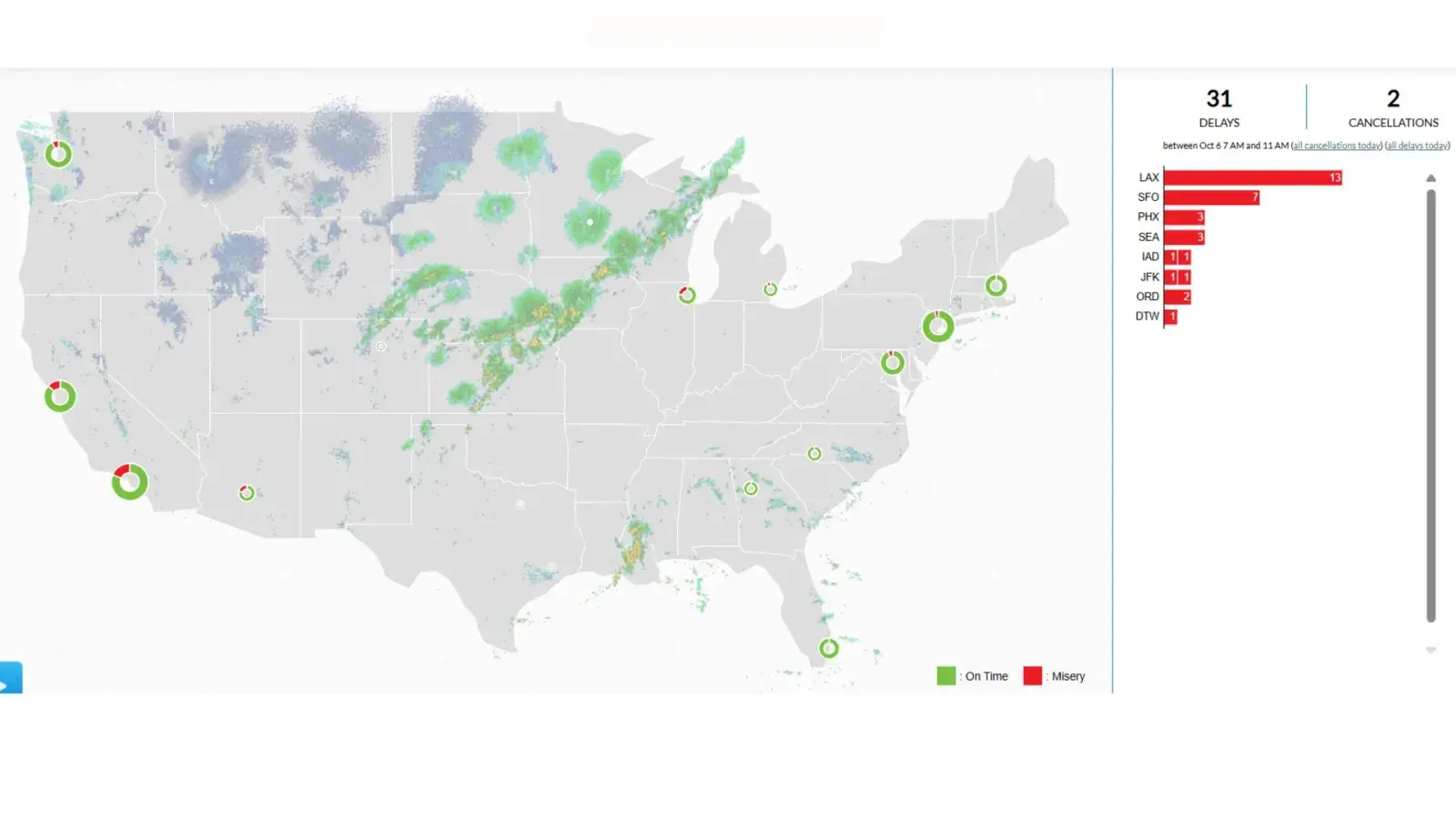 A map showing the number of flight delays at different airports at 4 am ET on October 7, according to the Flight Aware Misery Map.